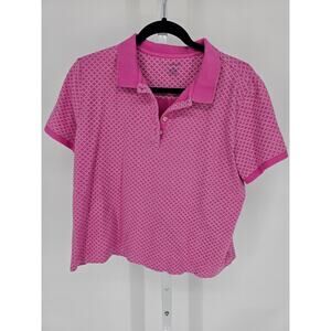 Lands End Womens Sz L Short Sleeve Polo Shirt Pink White Geometric Print